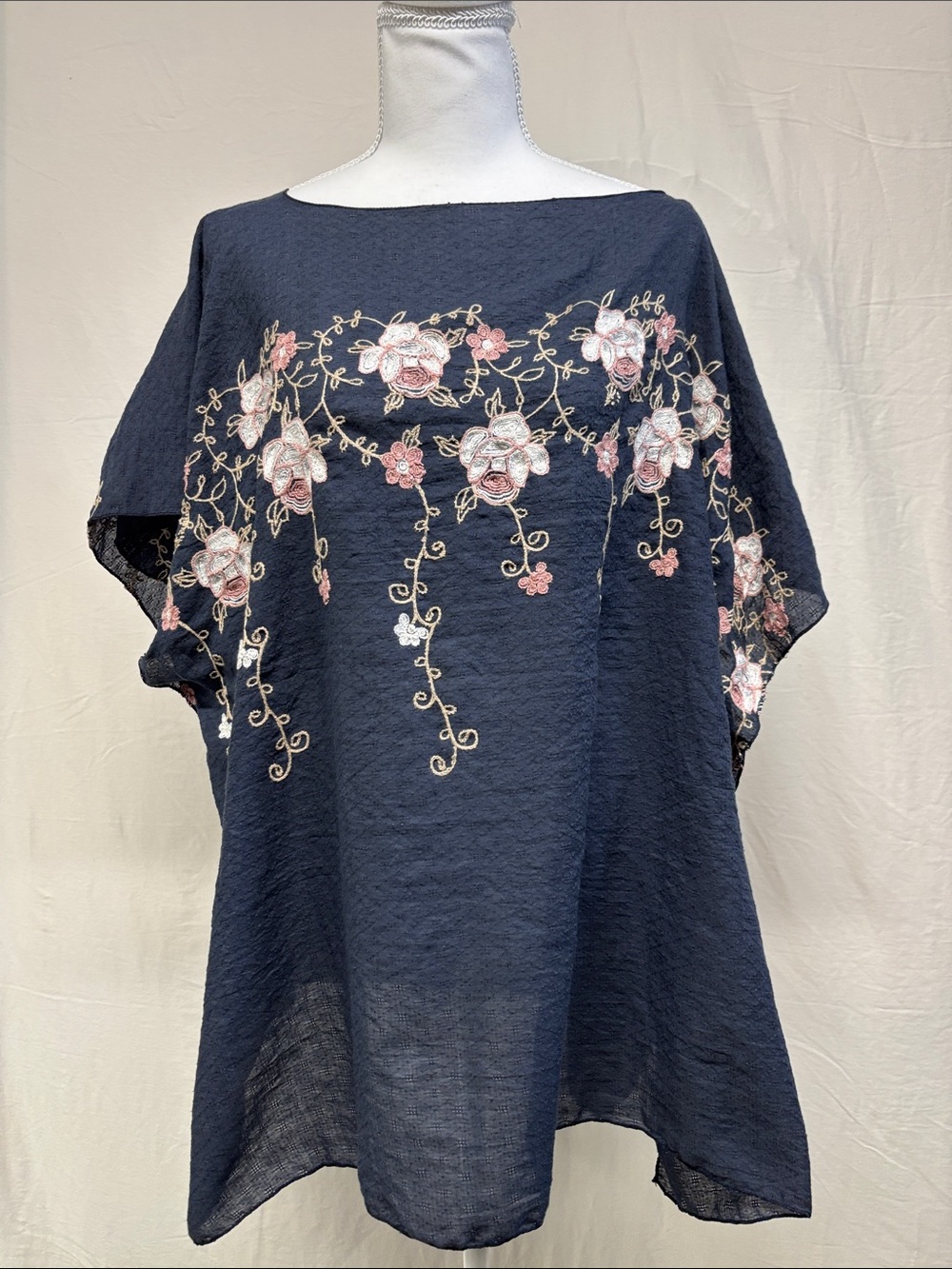 Navy Floral Embroidered Poncho Blouse